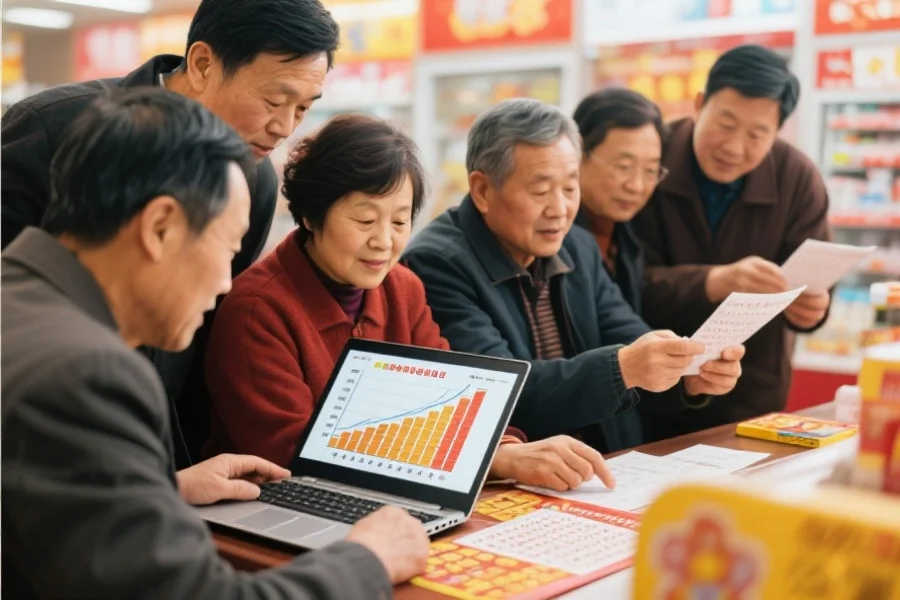 一组彩民正在认真分析彩票数据、手持笔记本电脑与图表,氛围专注,体现理性购彩